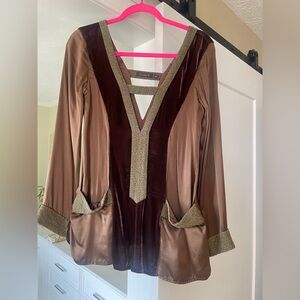 Nicholas K 100% SILK Brown Top with GOLD Beaded Trim